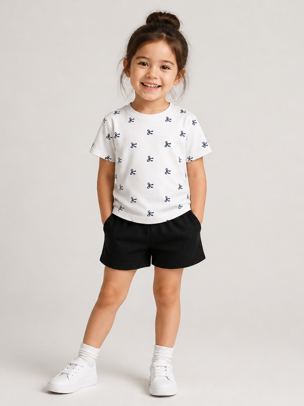 Girls' White Short-Sleeve Tee with Navy Bow Print